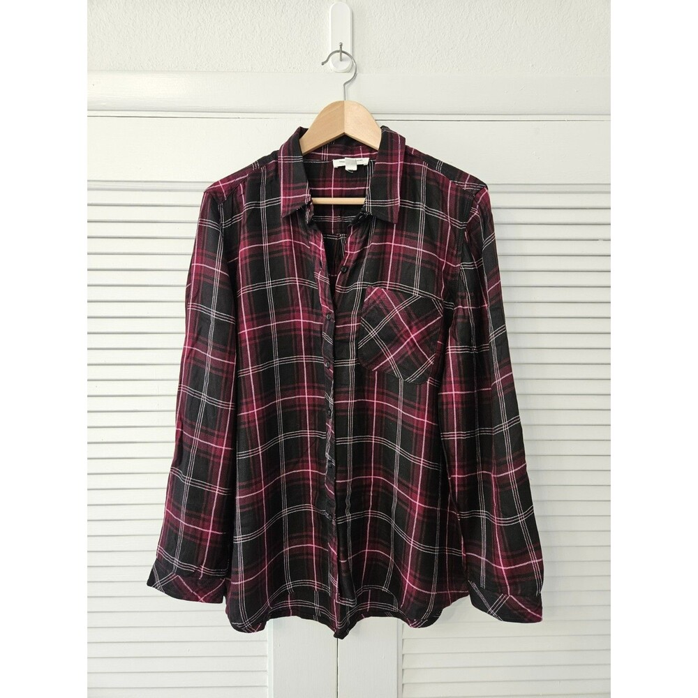 Beach Lunch Lounge Womens Button Up Shirt Purple Plaid  XL Boyfriend Long Sleeve